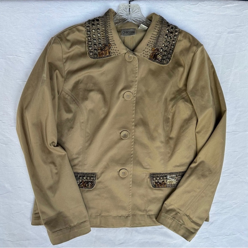 Chico's Astrine Khaki Tan Beaded Stretch Blazer Jacket.